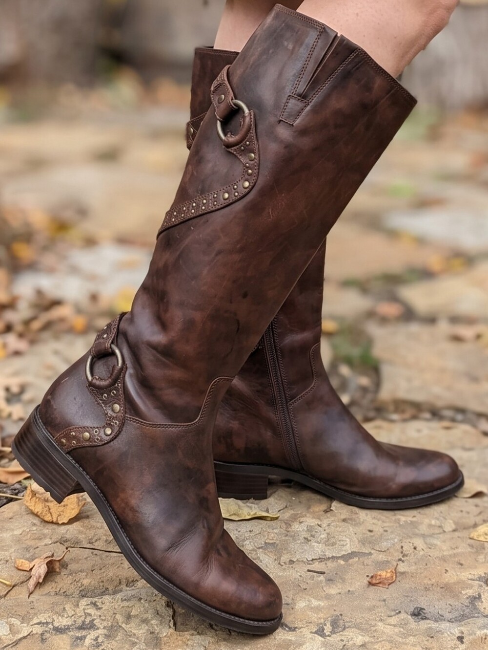 Italian Distressed Leather Riding Boots Moto Harness Studded Dark Academia
